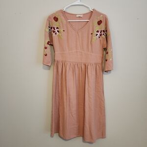ROOLEE Small Embroidered Floral Midi Dress Blush Pink 3/4 Sleeve